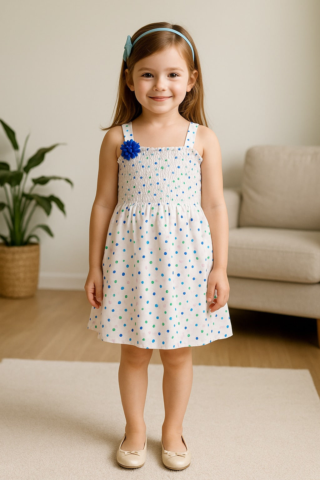 Girls Polka Print Cotton Smocking Casual Dress csl301