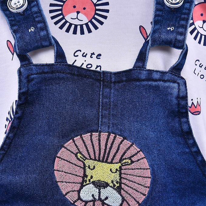 Cute Lion Print Baby Denim Dungaree Set – Soft Cotton T-Shirt & Denim Shorts Outfit