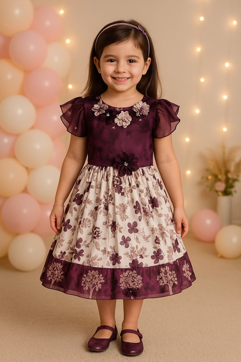 Girls Floral Embellished Printed Party Dress fep3427