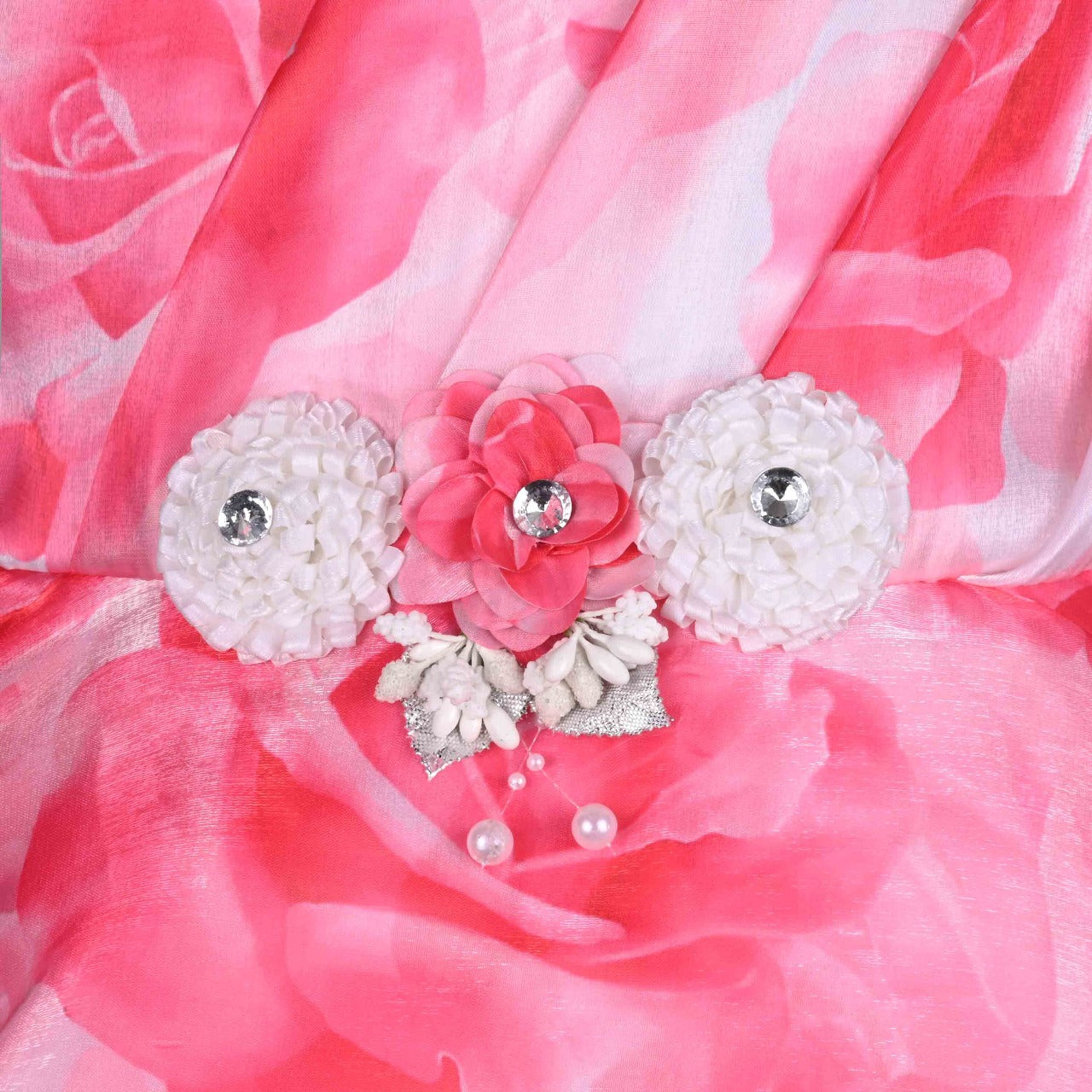 Pink Rose Print Satin Frock with Cream Fur Jacket for Girls – Full Sleeves, Winter Party Wear fep3522