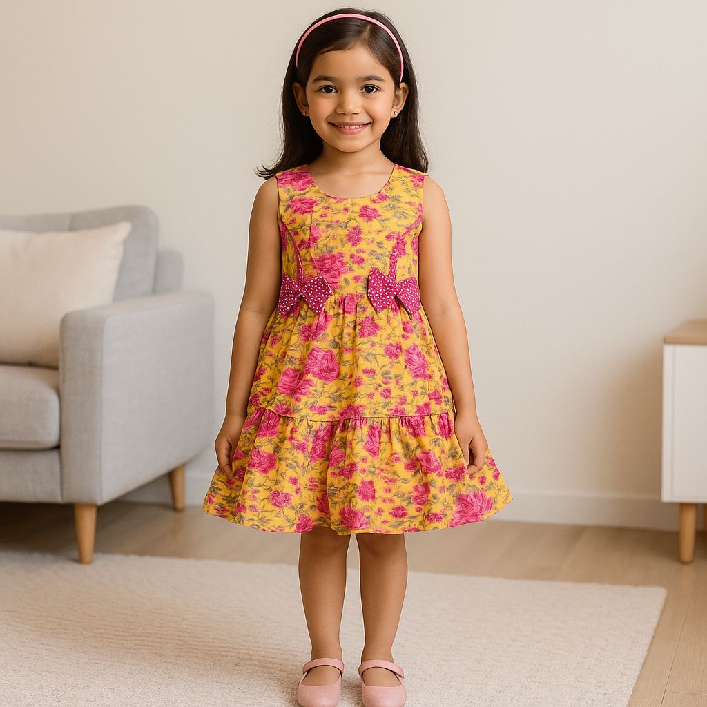 Girls Floral Printed Bow Cotton Summer Dress - Wish Karo