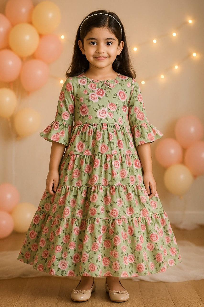 Girls Floral Print Bell Sleeve Fit and Flare Frock Dress - Wish Karo - photo 1