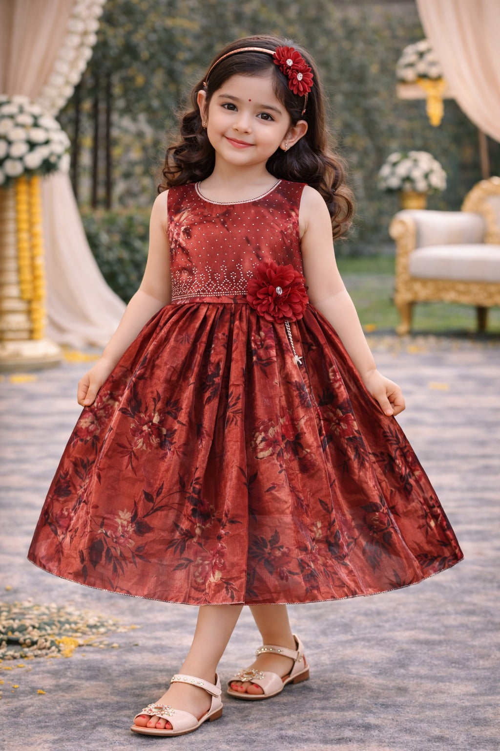 Girls Satin Floral Party Dress with 3D Flower Detail | Premium Kids Festive Wear