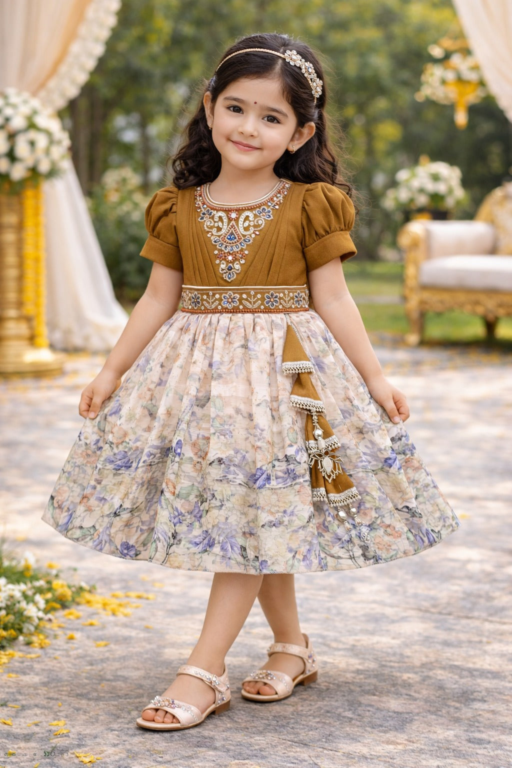 Girls Ethnic Party Wear Dress with Embroidered Bodice & Floral Chiffon Skirt