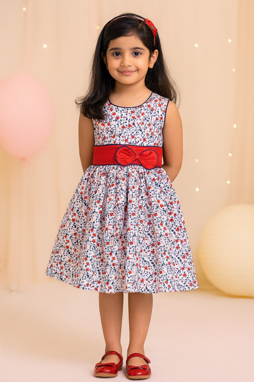 Girls Floral Printed Fit and Flare dress with bow detail ctn558