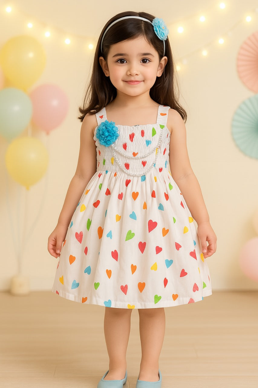 Girls Heart Print Smocking Casual Dress - Wish Karo