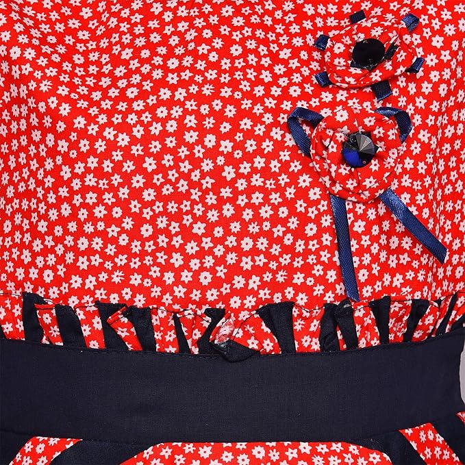 Girls Floral Printed Cotton Sleeveless Dress with Navy Striped Flared Skirt ctn312