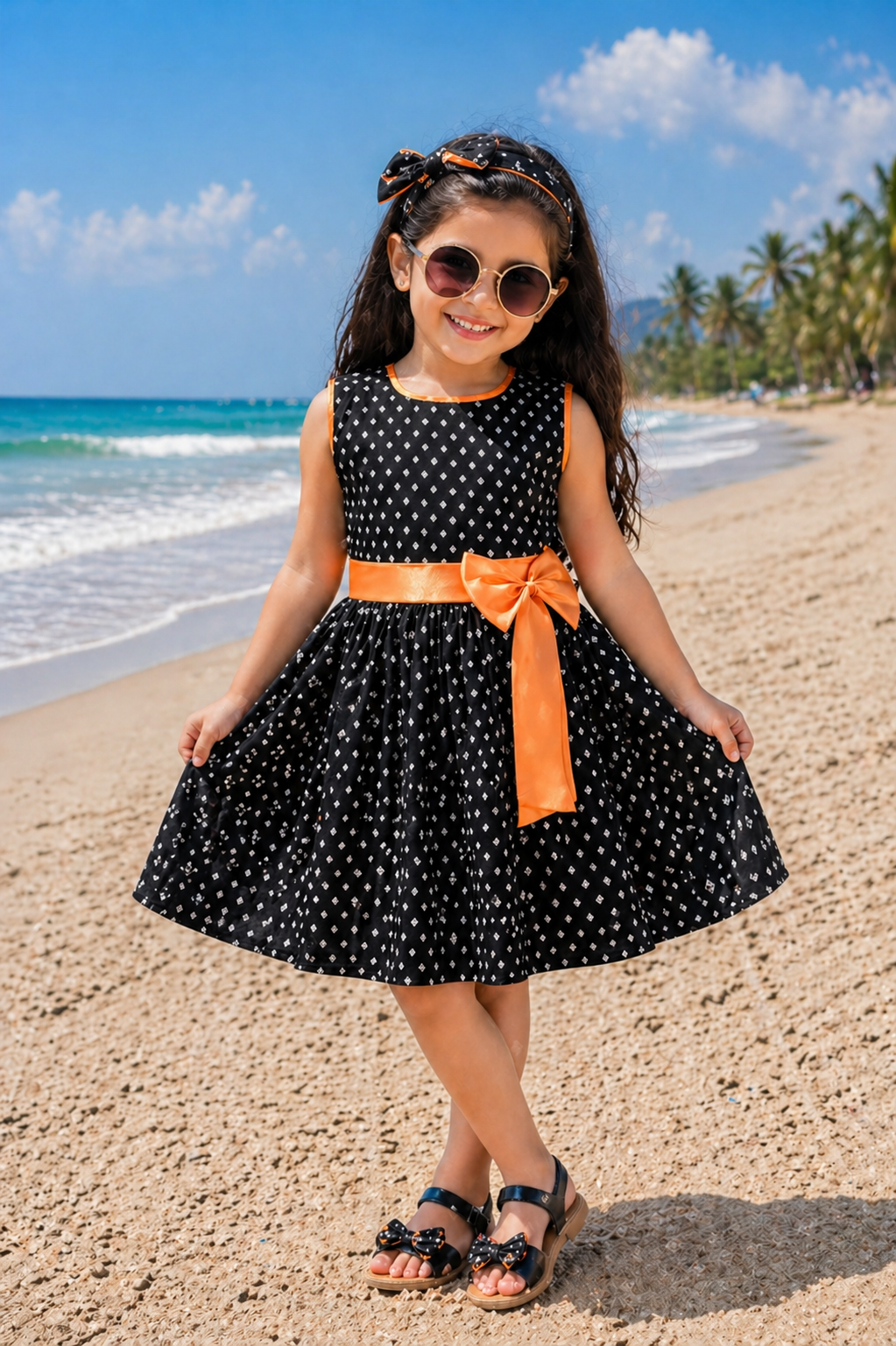 Girls Printed Cotton Party Wear Dress with Contrast Waist Bow - Wish Karo