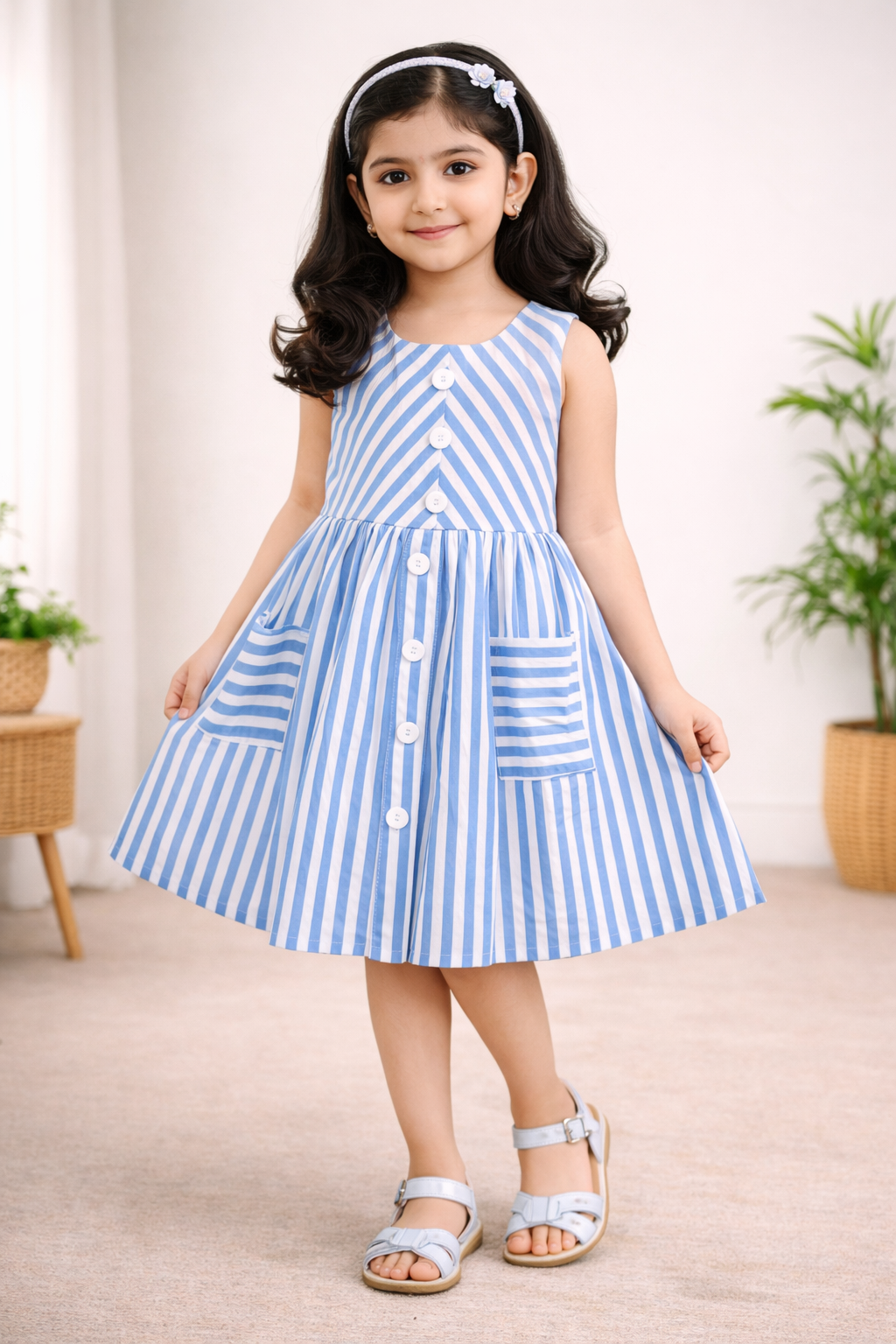 Girls Blue & White Striped Button-Down Dress - Wish Karo