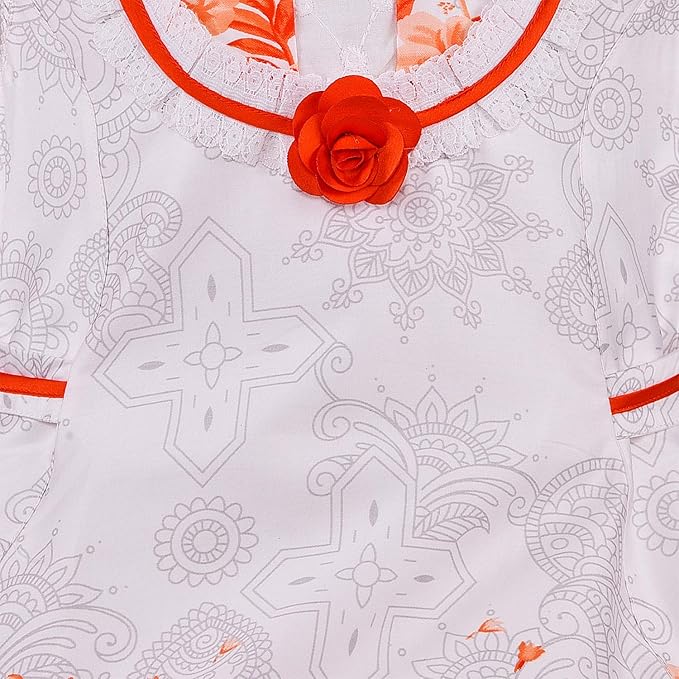 Girls Floral Printed Cotton Dress with Decorative Flower Accent