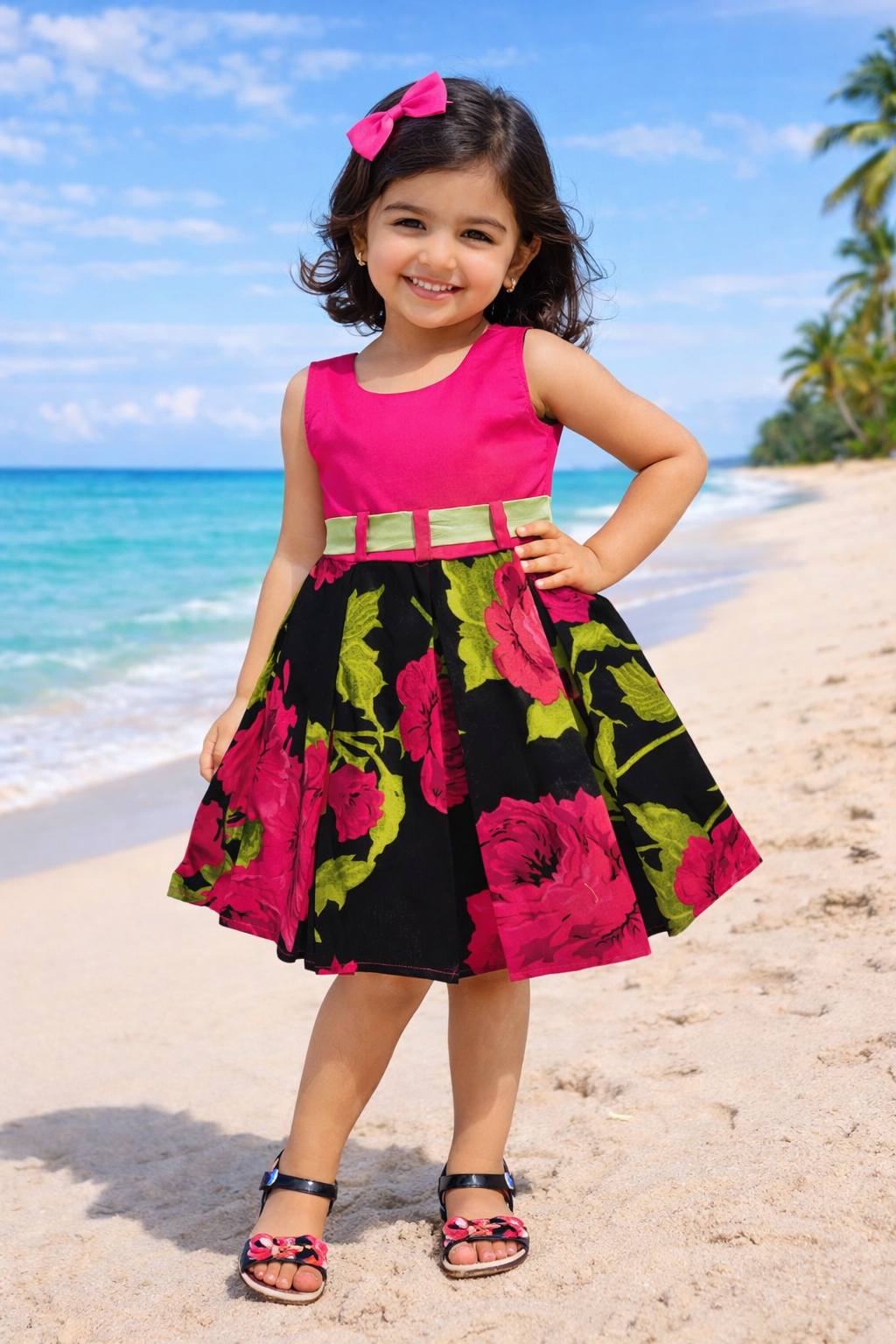 Girls Floral Printed Cotton Dress with Belt - Wish Karo