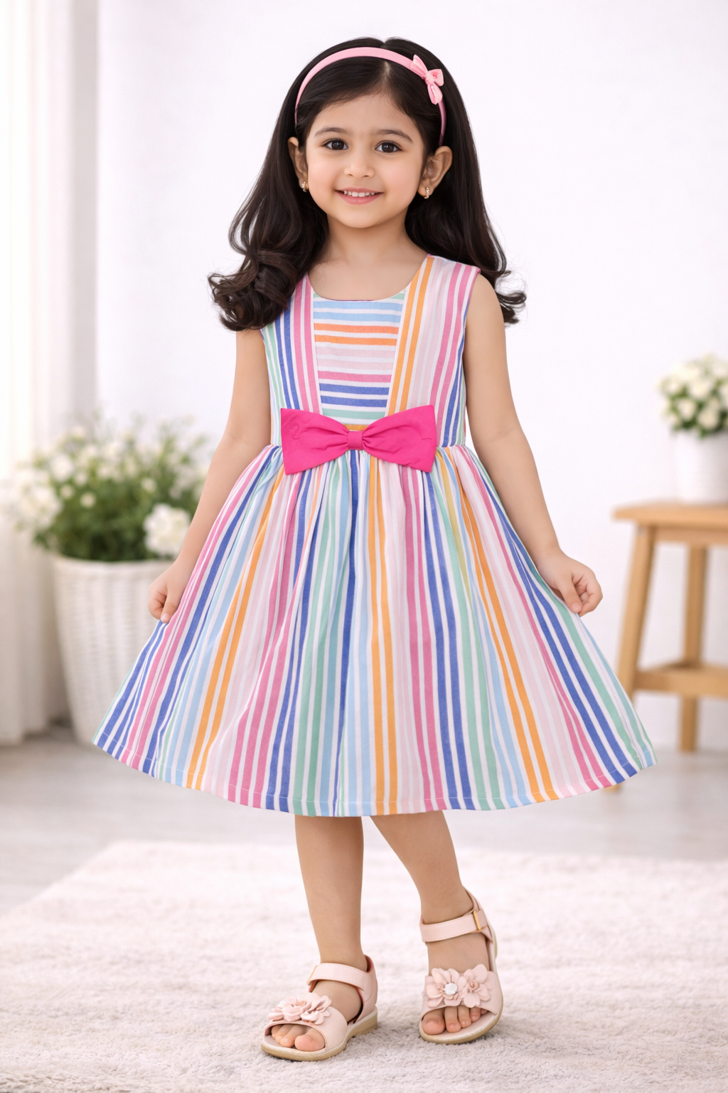 Multicolor Striped Cotton Sleeveless Girls Dress with Pink Bow Waist