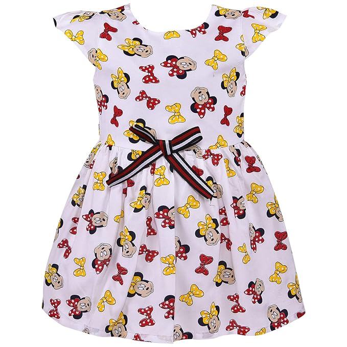 Pink Printed Cotton Girls Dress with Bow Tie Waist and Cute Cartoon Pattern - Wish Karo