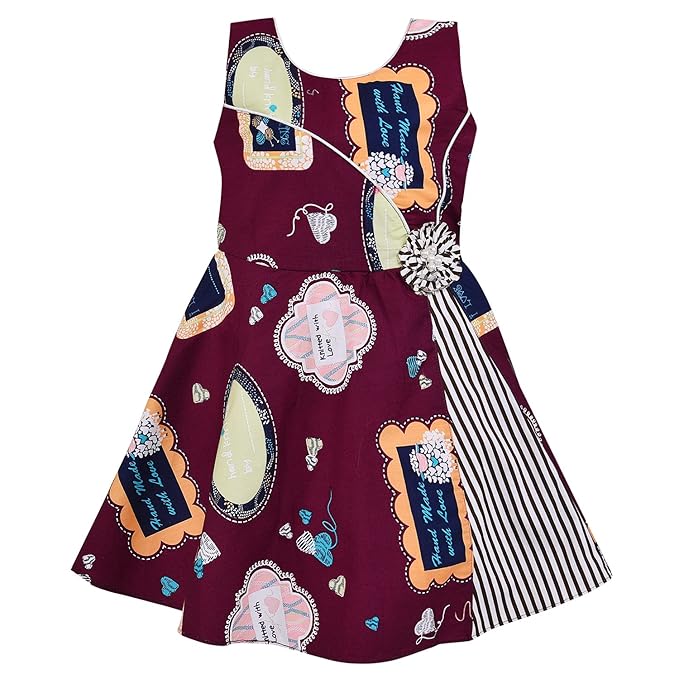 Girls Cotton Printed Party Wear Dress with Stripe Panel & Floral Accent – Soft & Comfortable ctn577