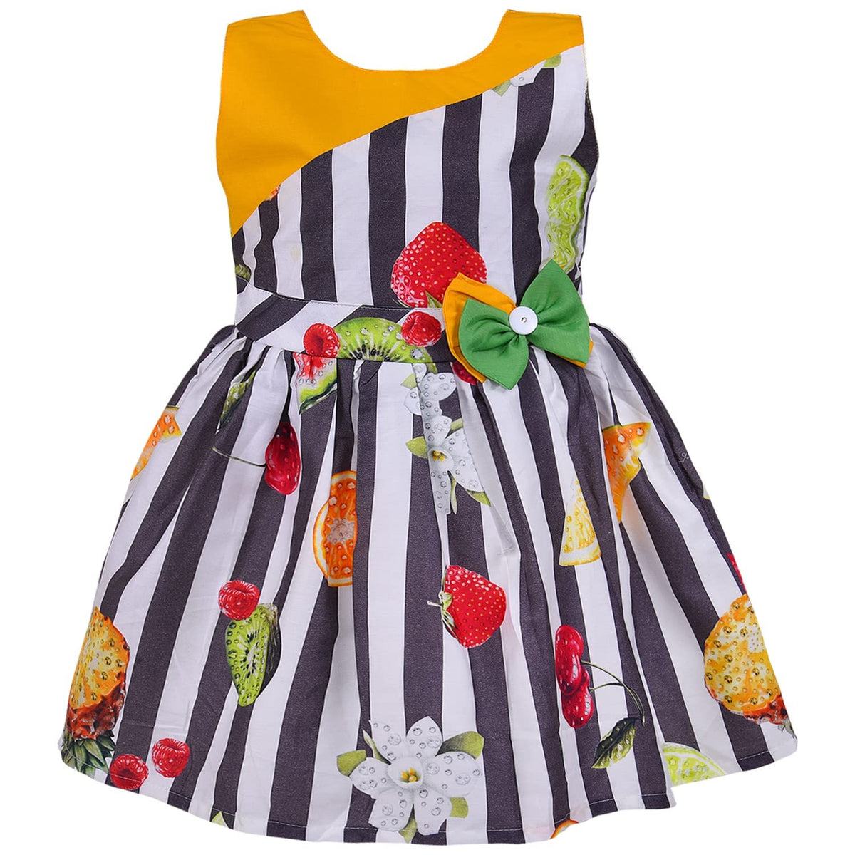 Girls Multicolor Cotton Printed Sleeveless Dress with Bow | Striped Fruit Print Kids Casual Party Dress ctn579