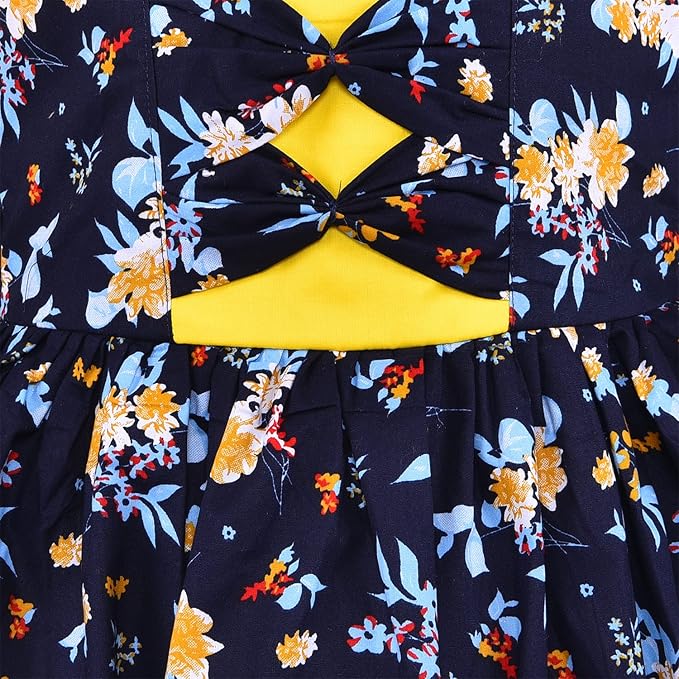 Girls Navy Blue Cotton Floral Printed Sleeveless Dress with Bow Detail | Soft & Breathable Kids Casual Party Dress ctn584