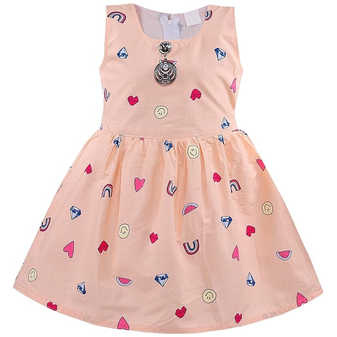 Peach Printed Cotton Sleeveless Girls Dress with Cute Heart & Diamond Pattern ctn589