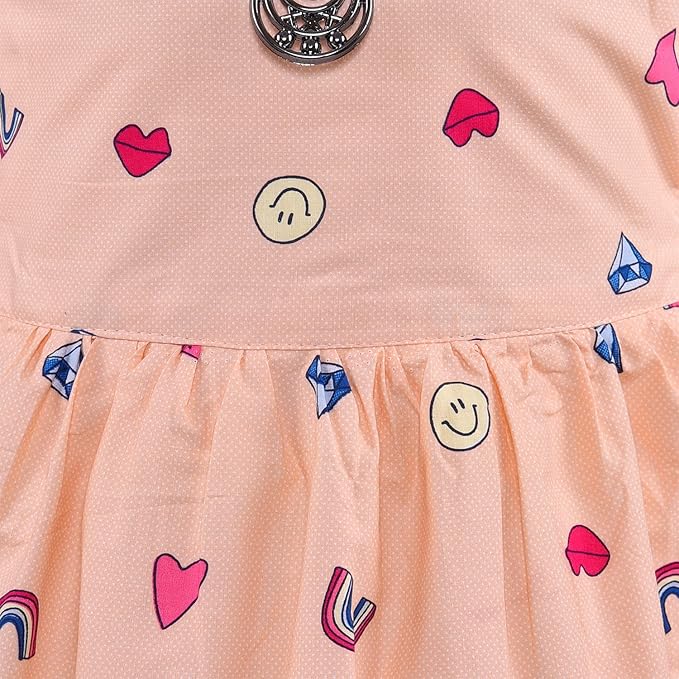 Peach Printed Cotton Sleeveless Girls Dress with Cute Heart & Diamond Pattern ctn589