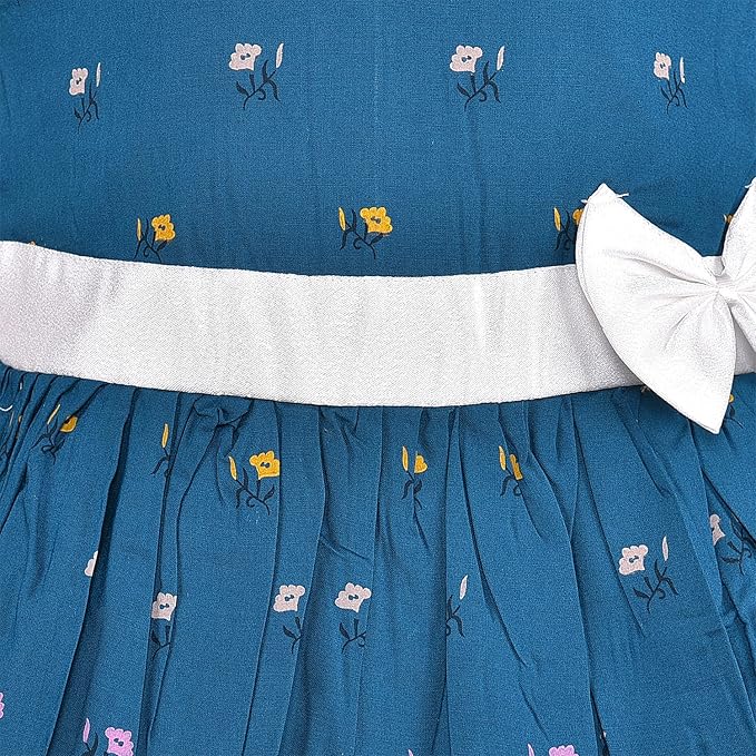 Girls Blue Floral Printed Cotton Sleeveless Dress with White Waist Belt & Bow ctn601