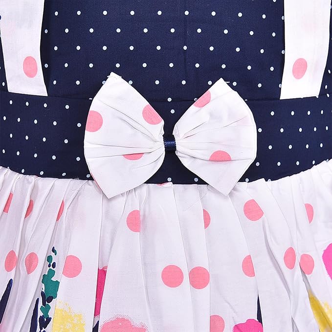 Girls Navy Polka Dot Cotton Flutter Sleeve Dress with Printed Flared Skirt ctn602