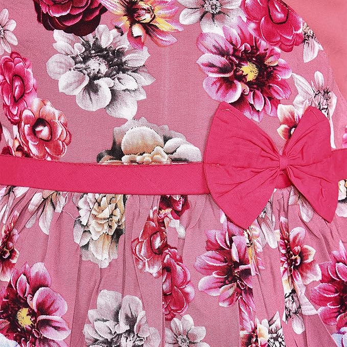 Girls Pink Floral Printed Cotton Sleeveless Dress with Waist Bow Detail ctn617