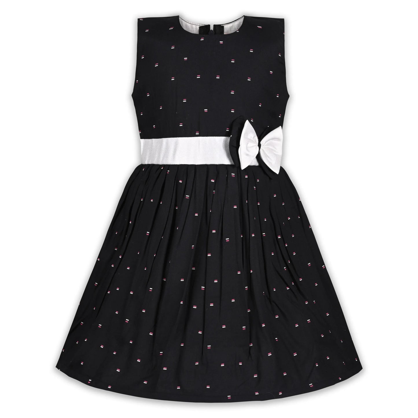 Black Cotton Party Frock for Girls with White Waist Belt & Bow