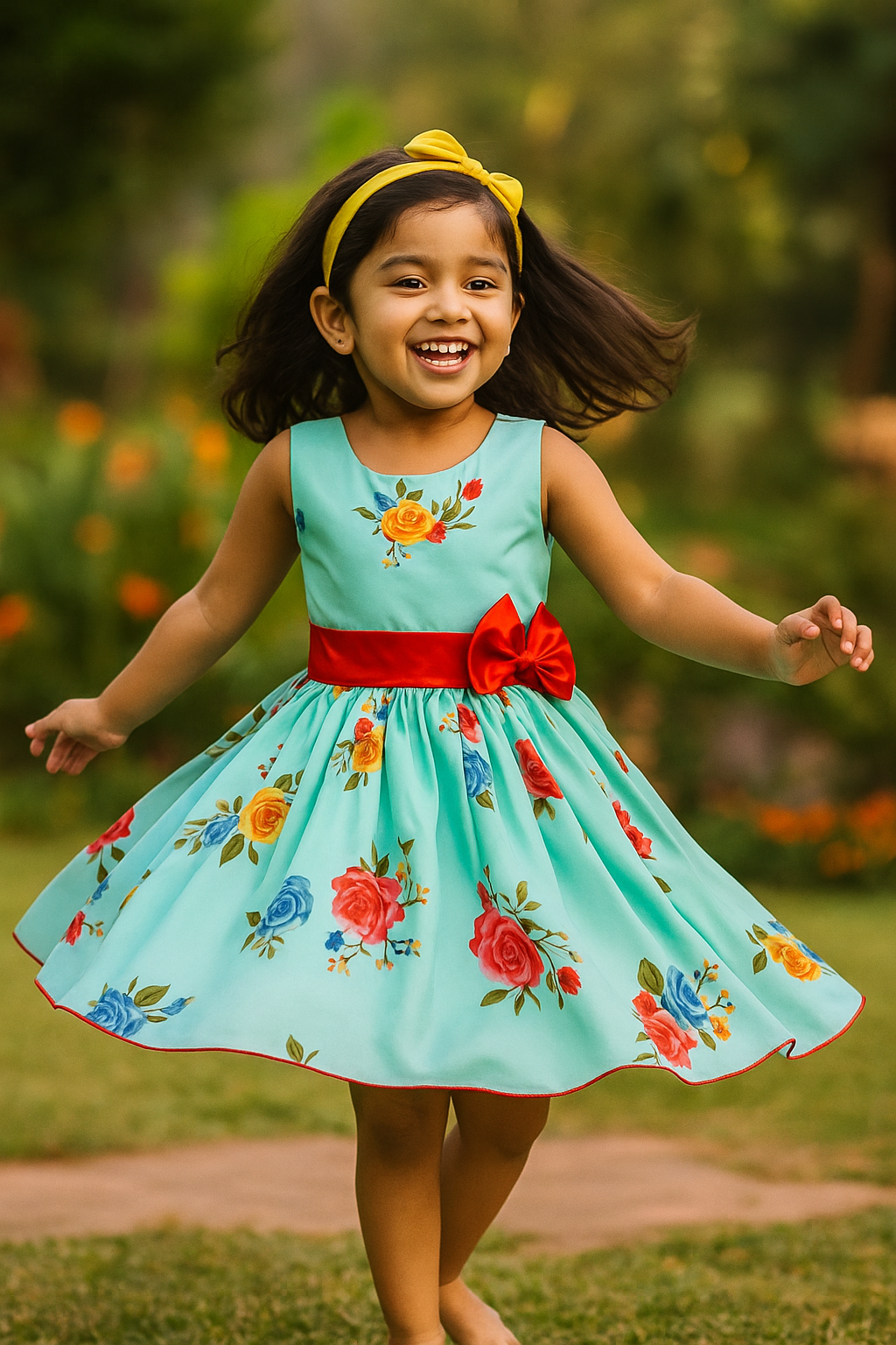 Blue Floral Printed Bow Dress - Wish Karo