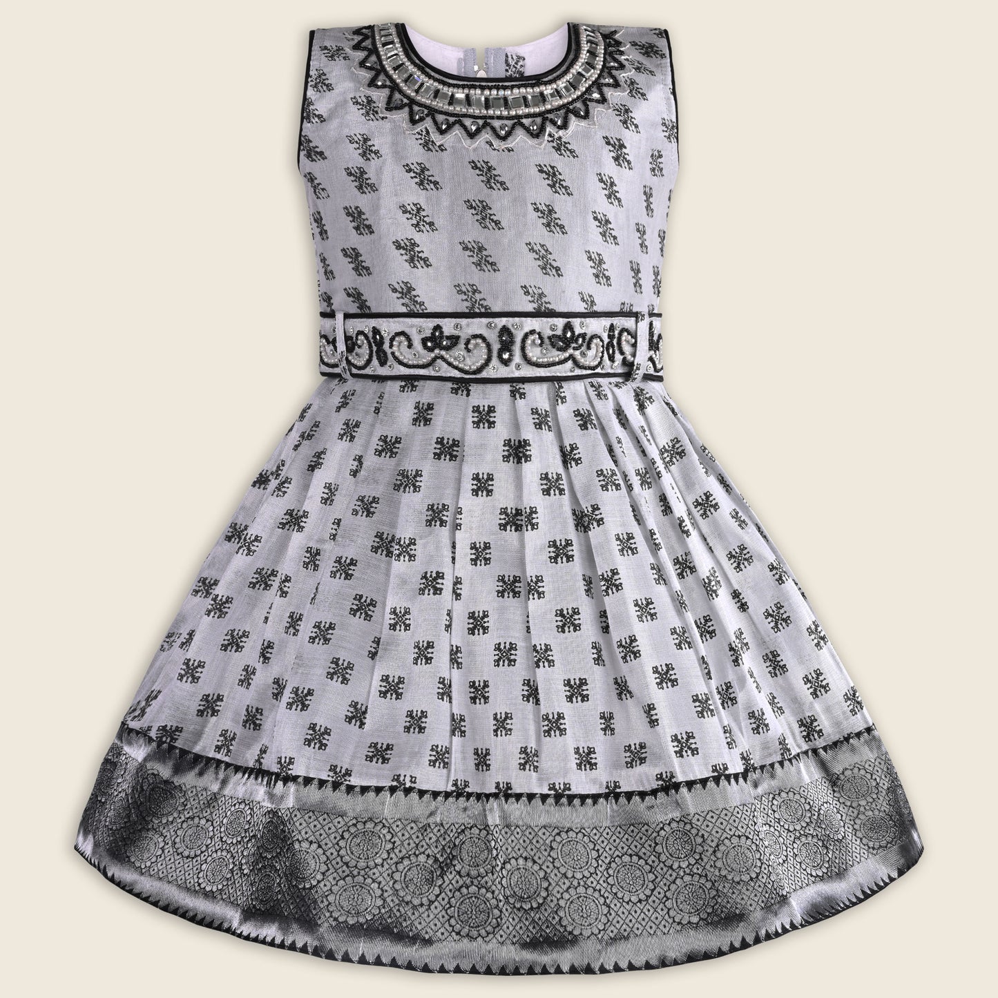 Girls Bead Embellished Woven Zari Border Ethnic Dress fe3448gry