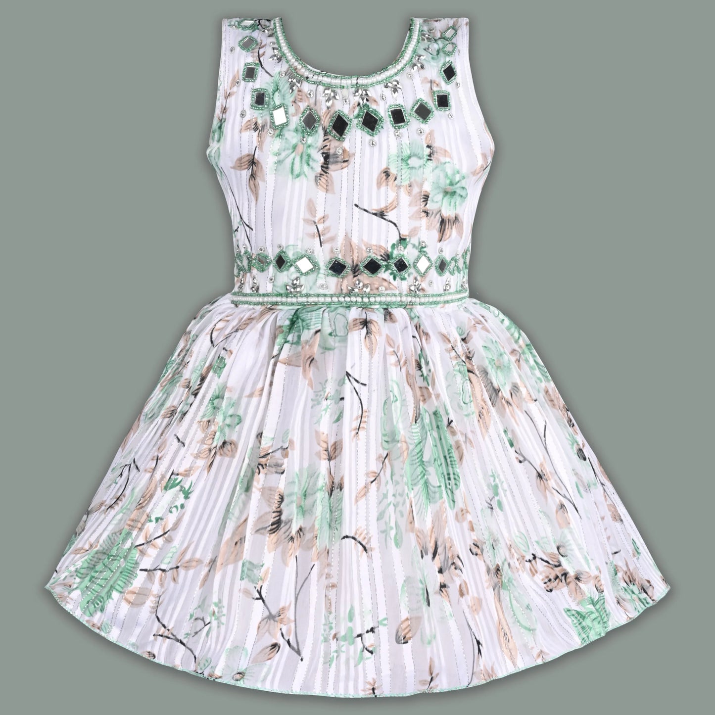 Girls Chiffon Party Dress with Floral Print & Mirror Work