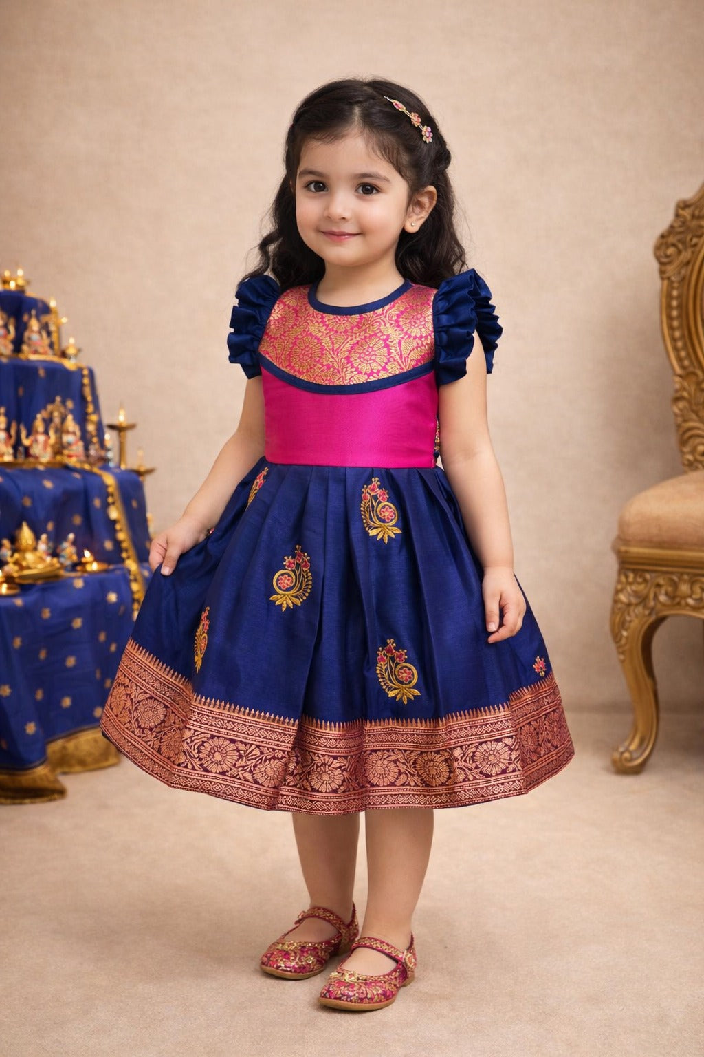 Girls Traditional Silk Party Frock – Banarasi Pattu Dress