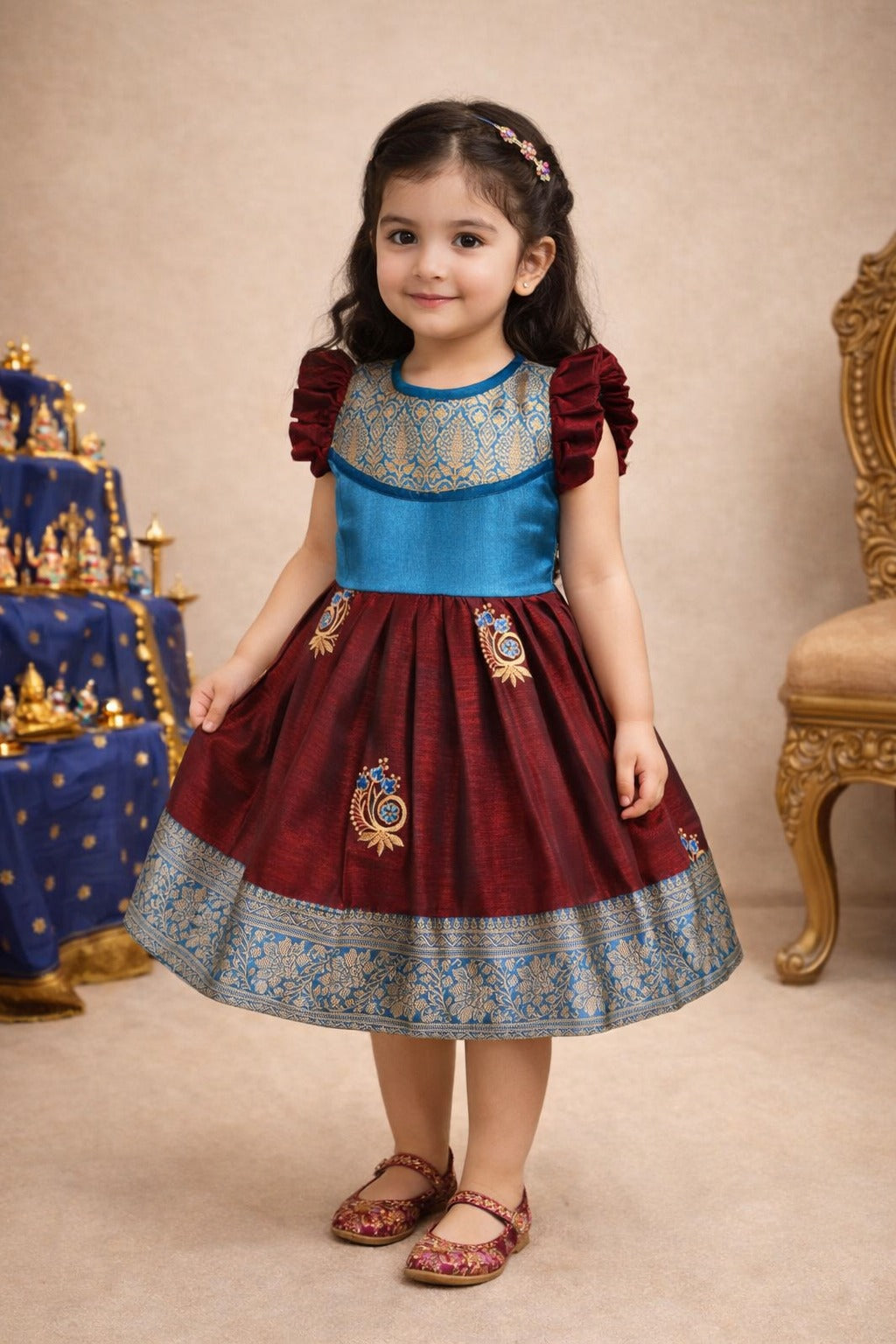 Girls Traditional Silk Party Frock – Banarasi Pattu Dress