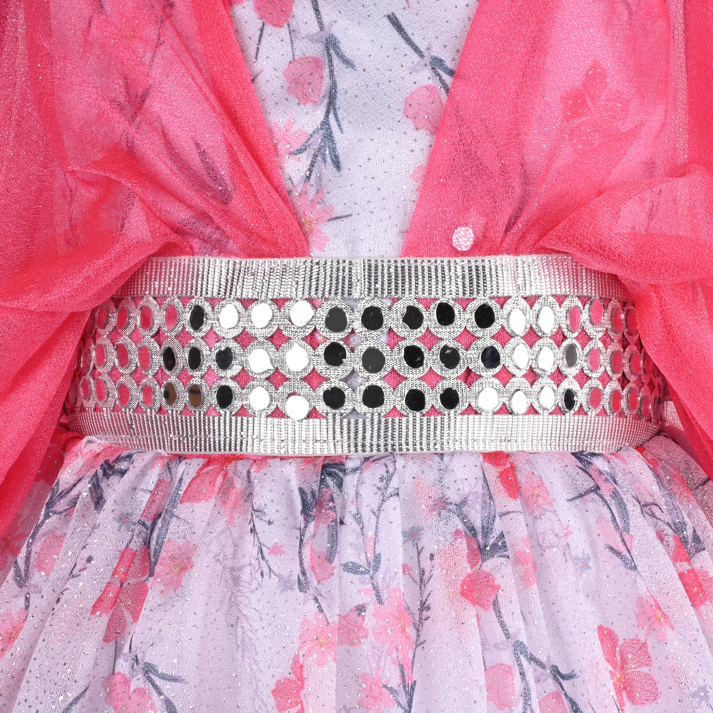 Girls Flowy Sleeves Mirror Belt Tiered Dress