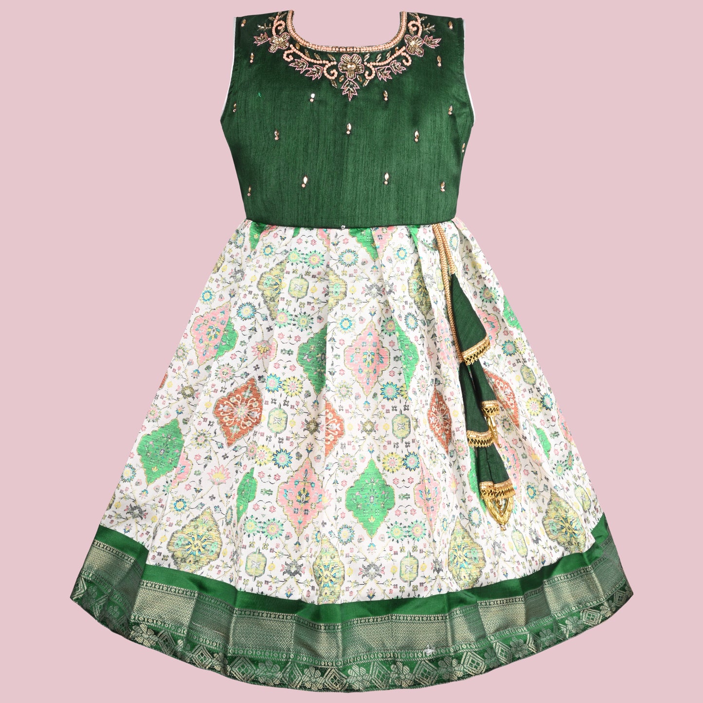 Girls Embellished Printed Ethnic Dress With waist Tassels