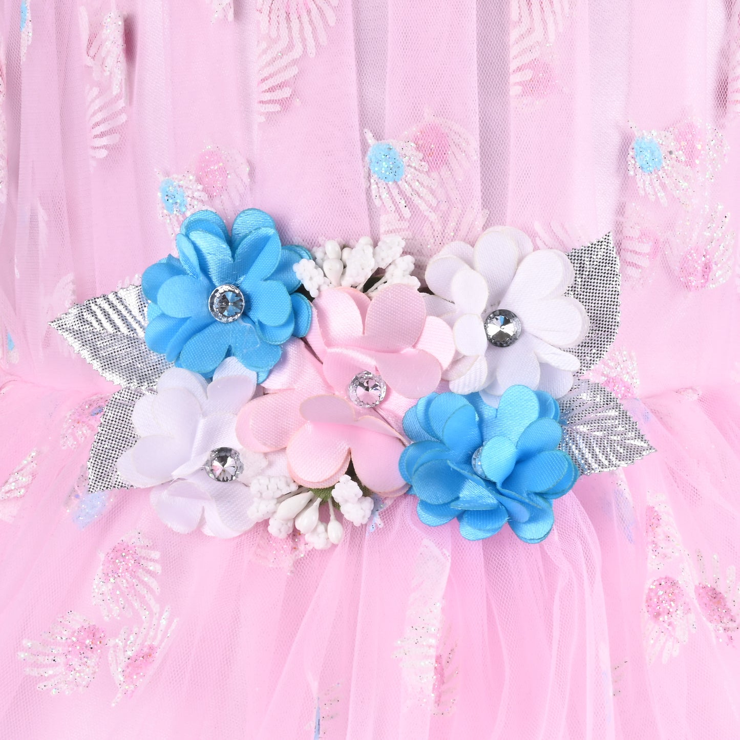 Girls Floral Net Flared Party Dress with Glitter Work fep3509