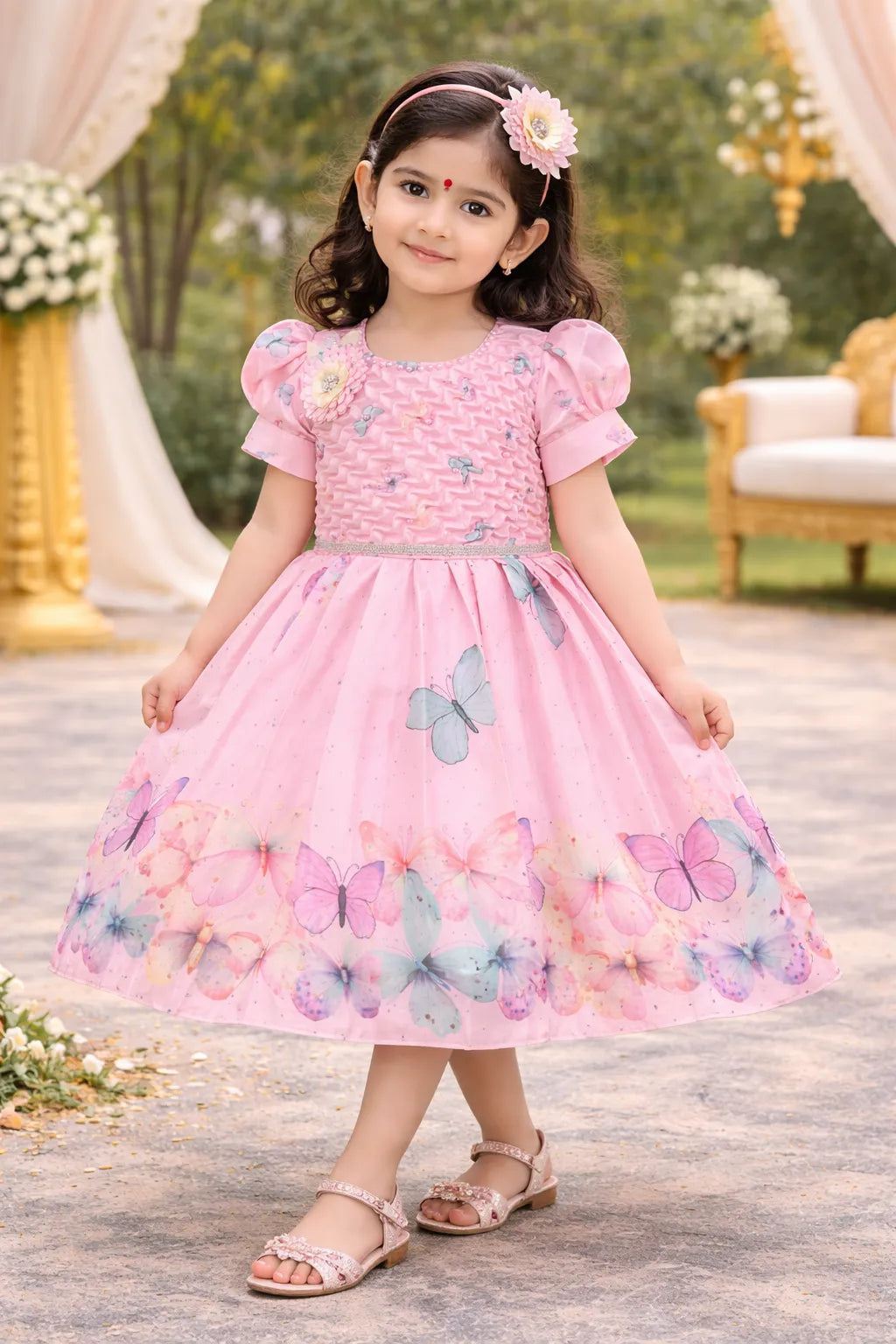 Elegant Kids Butterfly Party Dress – Satin Fabric | Puff Sleeves | Floral Applique Occasion Wear