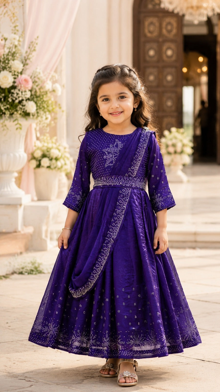 Girls Korean Satin Ethnic Party Wear Gown with Drape Detail