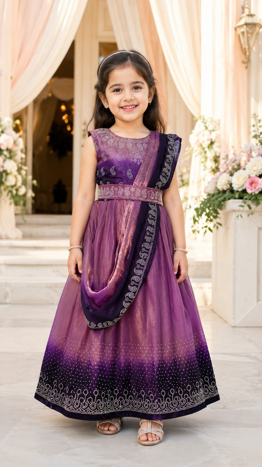 Girls Korean Satin Ethnic Party Wear Gown with Drape Detail