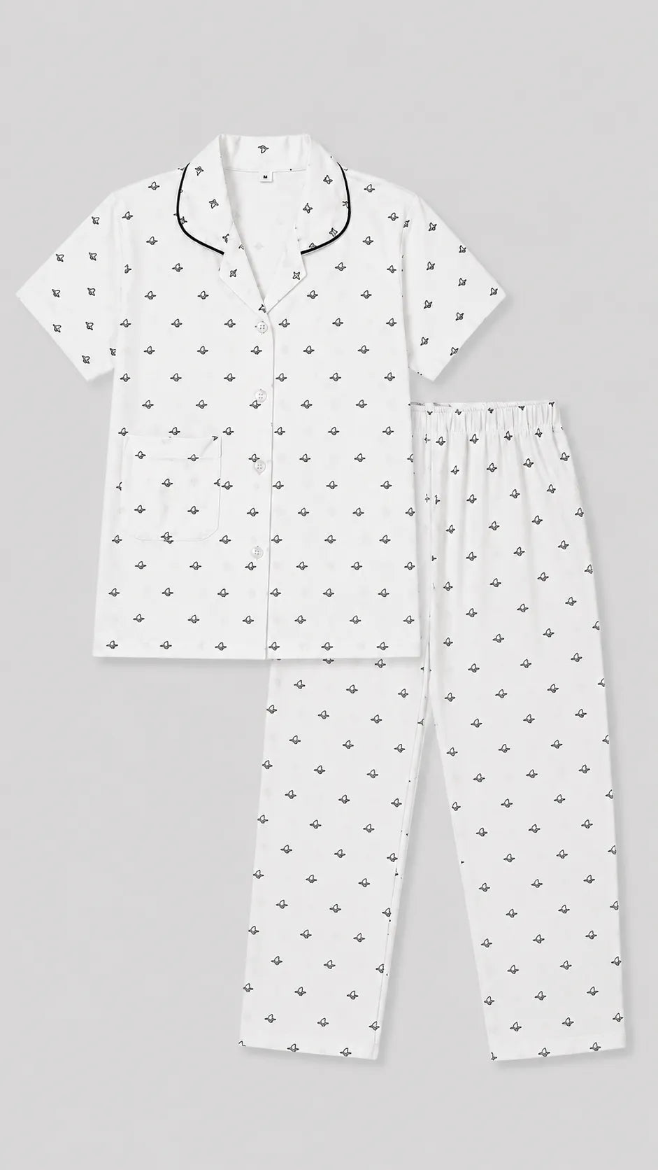 Kids Cotton Printed Night Suit Set – White Minimal Motif Print