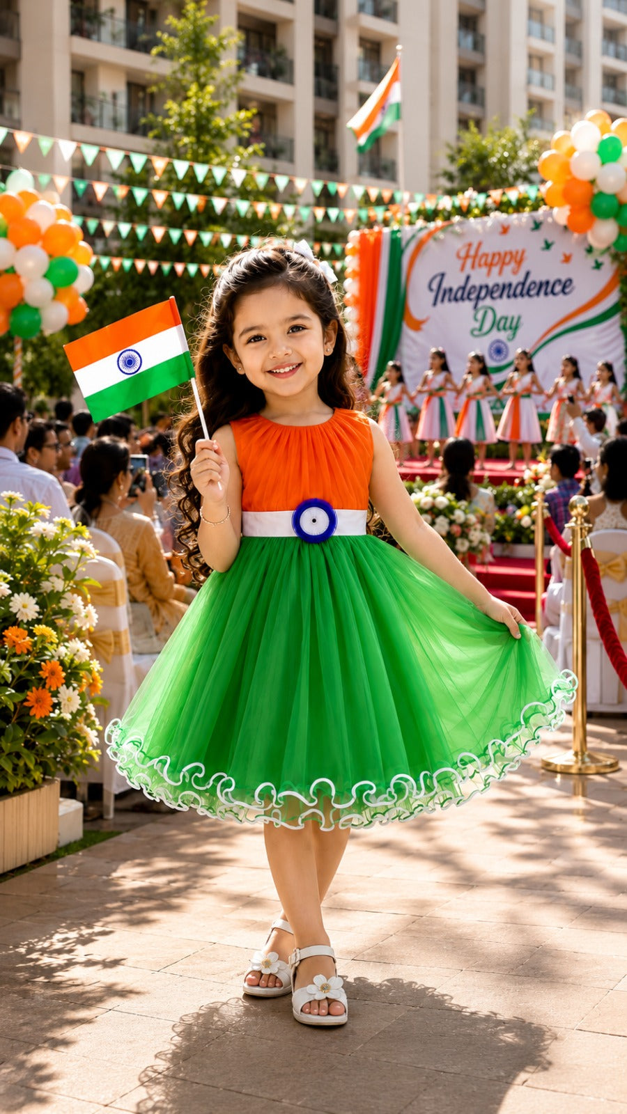 Girls Tri-Color Flared Net Dress