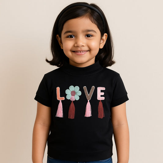 Girls High Neck Cotton T-shirt with Love Embroidery & Tassel Detailing tg401