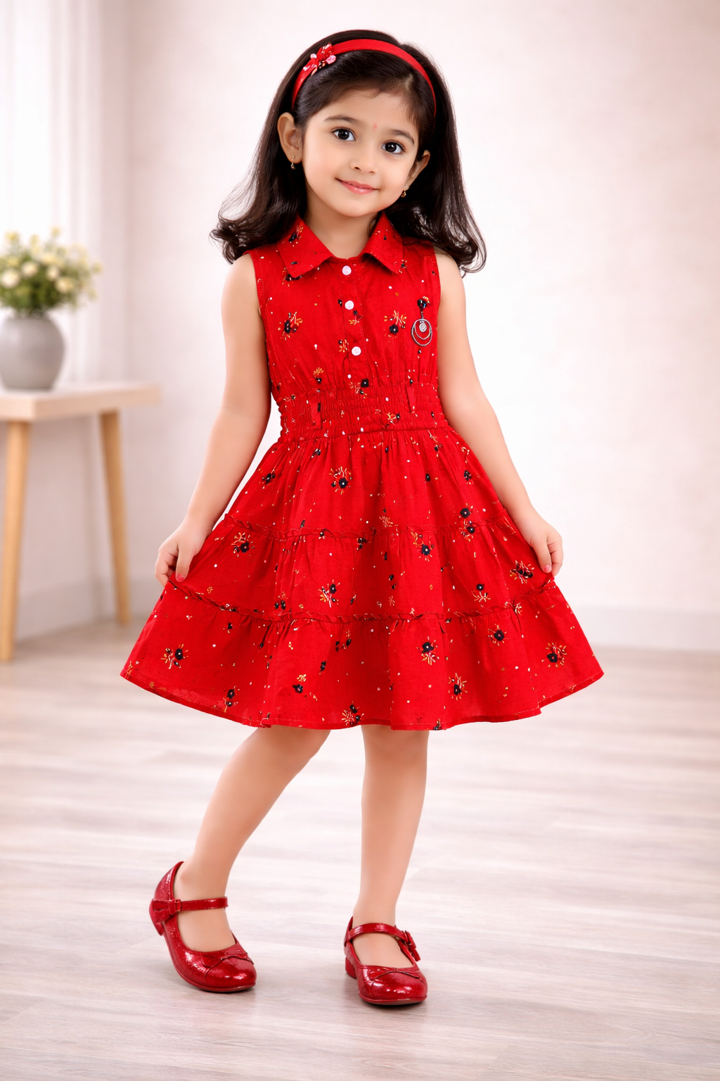 Girls Red Floral Tiered Shirt Dress