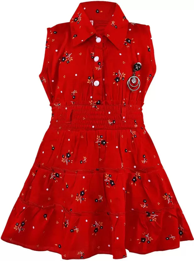 Girls Red Floral Tiered Shirt Dress