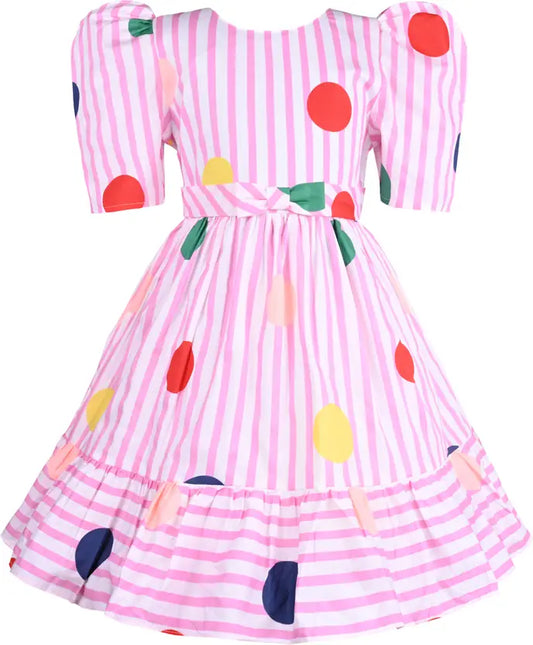 Girls Cotton Striped Polka Print Summer Dress - Wish Karo