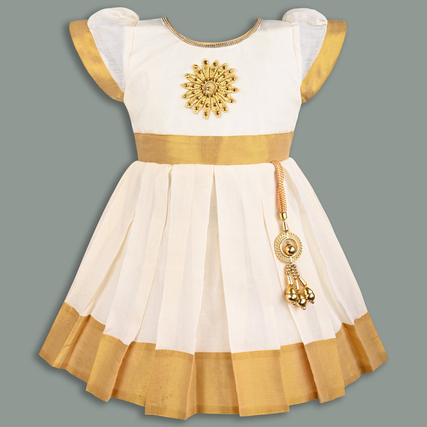 Baby Girls Onam Cotton Pattu Dress with Gold Border & Embellished Yoke fe3547crm