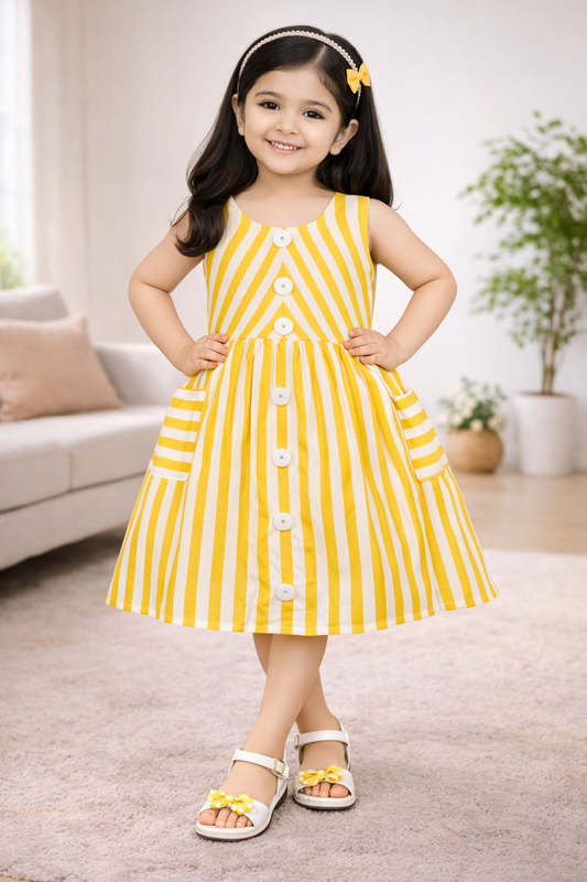 Girls Yellow & White Striped Button-Down Dress - Wish Karo - photo 1