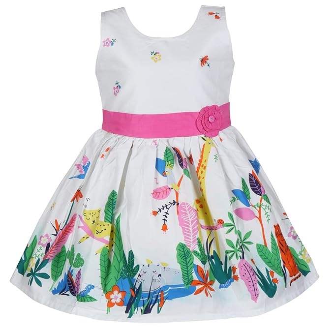 Girls White Jungle Print Cotton Sleeveless Dress with Pink Waist Belt - Wish Karo - photo 2