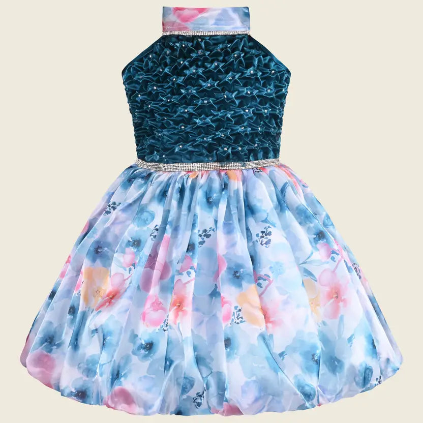 Girls Stone Embellished Floral Print Halter Neck Party Dress