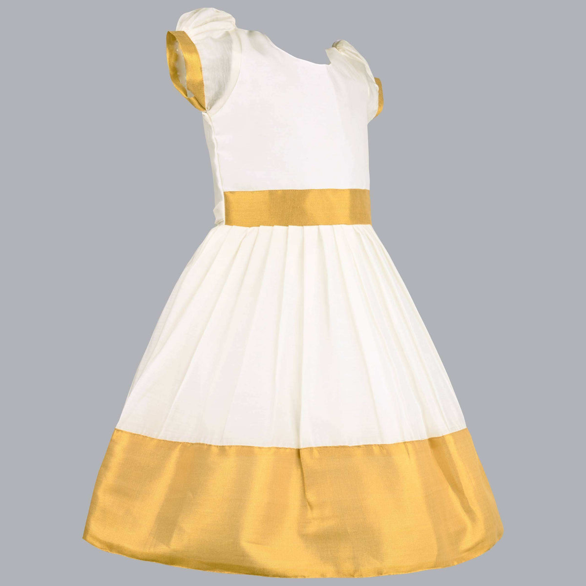 Baby Girls Golden Zari Kasavu Pleated Onam Frock Dress - Wish Karo - photo 3