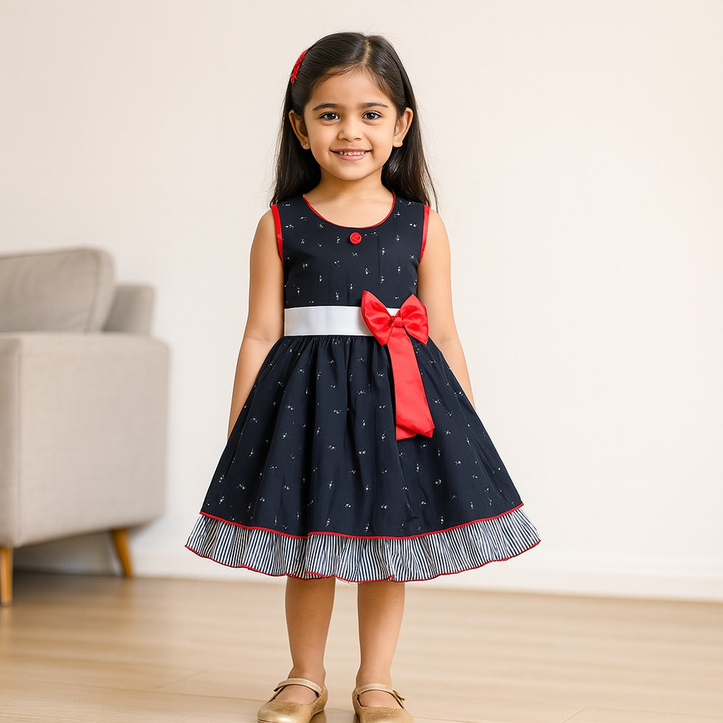 Girls A-line Graphic Printed dress with bow detail ctn618
