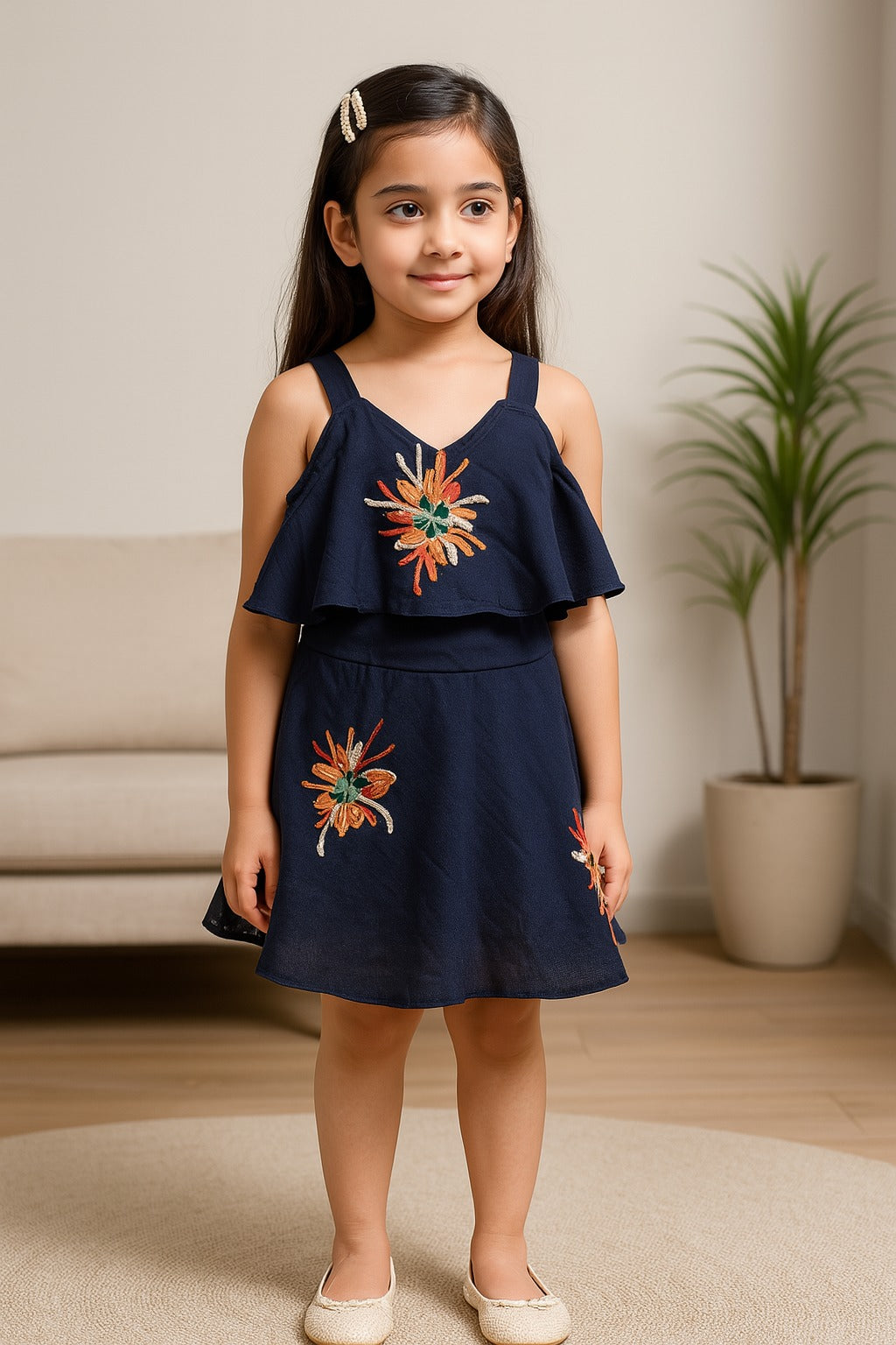 Girls Embroidered A-line Strap Neck dress